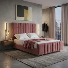 EKONOMODO COLOMBIA - Cama King 200x200 Fiora En Madera Pino Con Tela Premium Salmon