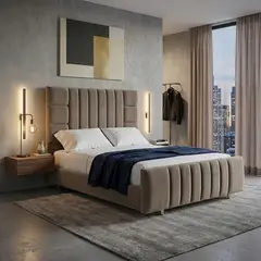 EKONOMODO COLOMBIA - Colchón 2 Pillow Con Cama + Sabanas King 200x200 Fiora En Madera Pino Con Tela Premium Taupe