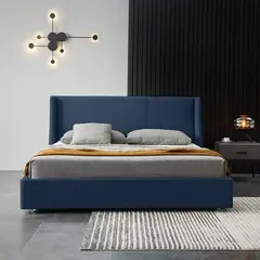 EKONOMODO COLOMBIA - Combo Base Cama y Espaldar Doble 140x190 Mousai En Madera Pino Con Tela Premium Azul