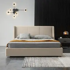 EKONOMODO COLOMBIA - Combo Base Cama y Espaldar Queen 160x190 Mousai En Madera Pino Con Tela Premium Beige