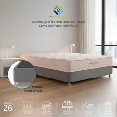 EKONOMODO COLOMBIA - Colchón Sencillo 100x190 Quartz Flexia Firmeza Media + Base Cama Tapizada Tela Premium Gris