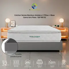 EKONOMODO COLOMBIA - Colchón 2 Pillow Semidoble 120x190 Sensia Bamboo Firmeza Media + Base Cama Tapizada Tela Premium Gris