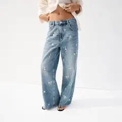 MANGO - Jean Mujer Tiro bajo con Bordado de Algodón