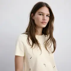 MANGO - Camiseta Mujer con Bordado Manga corta de Algodón