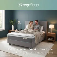 BEAUTYSLEEP - Colchón Doble Smooth Night + Base Cama + 2 Almohadas + Protector