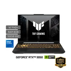 ASUS - Portátil TUF Gaming F16 | INTEL C5 205H | GeForce RTX 3050 |DDR5 8GB| 512 GB SSD de almacenamiento | Windows 11 Home |16 Pulgadas |FX607VJR-TU286W | Computador portátil Gamer