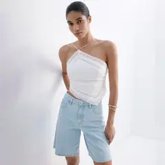 MANGO - Bermuda Mujer Tiro alto Denim de Algodón