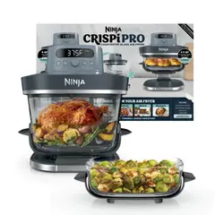 NINJA - Freidora de Aire Crispi Pro 6 en 1 | 6 Funciones Predeterminadas | Freír con Aire, Hornear, Dorar, Recalentar, Máxima Crocancia y Deshidratar | Incluye Recipientes en Vidrio 5,7 Lt y 2,3 Lt con Tapas y Adaptadores | 1800 W | Air Fryer AS101CY