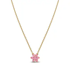 PANDORA - Collar Con Colgante Flor Rosada Resplandeciente Recubrimiento En Oro 14K