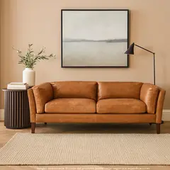 BASEMENT HOME - Sofá 3 Puestos en Cuero, Borg de 220 x 87 x 92 cm con Patas de Madera- Mueble - 0% Interés a 3, 6 o 12 Cuotas Pagando con tu CMR Banco Falabella
