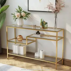 BASEMENT HOME - Mesa de Arrimo Rectangular en Metal y Vidrio Gold 120 x 80 x 35 cm - 0% Interés a 3, 6 o 12 Cuotas Pagando con tu CMR Banco Falabella