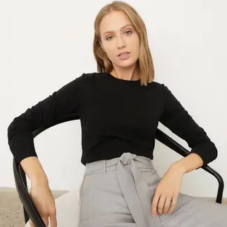 BASEMENT - Camiseta para Mujer de Algodón Cuello redondo Manga larga Slim fit