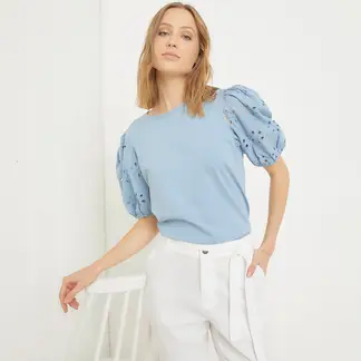 UNIVERSITY CLUB - Camiseta Mujer con Ojalillo Manga corta de Algodón