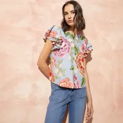 BASEMENT - Blusa Mujer con Estampado Manga corta globo de Lino