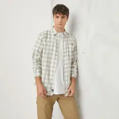 BEARCLIFF - Camisa Hombre de Cuadros Manga larga Recto de Algodón