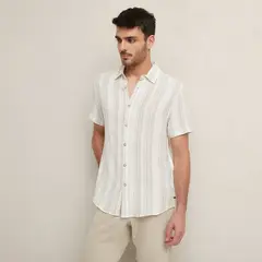 BASEMENT - Camisa Hombre de Rayas Manga corta Slim de Lino