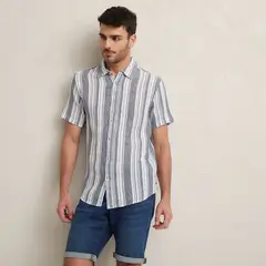 BASEMENT - Camisa Hombre de Rayas Manga corta Slim de Lino