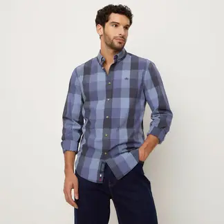 UNIVERSITY CLUB - Camisa Hombre de Cuadros Manga larga Recto de Algodón