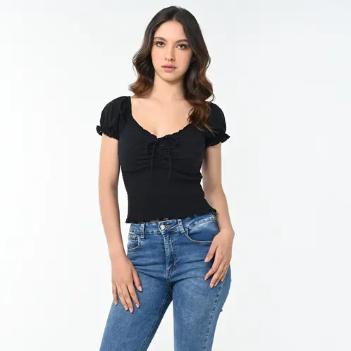 SYBILLA - Blusa Mujer con Bordado Manga corta globo de Algodón