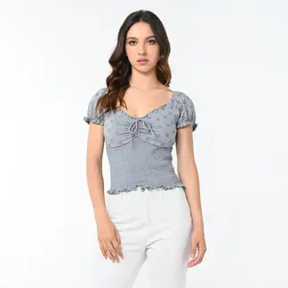 SYBILLA - Blusa Mujer con Bordado Manga corta globo de Algodón