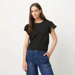 UNIVERSITY CLUB - Blusa Mujer con Bordado Manga corta globo de Algodón