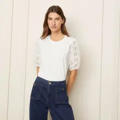 BASEMENT - Blusa Mujer con Bordado Manga corta globo de Algodón