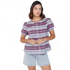 UNIVERSITY CLUB - Blusa Mujer de Cuadros Manga larga globo de Algodón