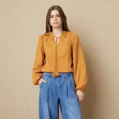 UNIVERSITY CLUB - Blusa Mujer con Bordado Manga larga globo de Algodón