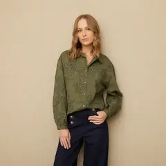 UNIVERSITY CLUB - Camisa Mujer con Ojalillo Manga larga globo de Algodón