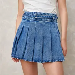 SYBILLA - Falda de jean Mini Mujer Plisada de Algodón