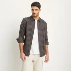 BASEMENT - Camisa Hombre Cuadros Manga larga Recto de Algodón