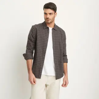 BASEMENT - Camisa Hombre Cuadros Manga larga Recto de Algodón