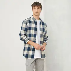 BEARCLIFF - Camisa Hombre de Cuadros Manga larga Recto de Algodón