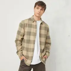 BEARCLIFF - Camisa Hombre de Cuadros Manga larga Recto de Algodón