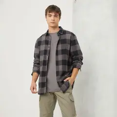 BEARCLIFF - Camisa Hombre de Cuadros Manga larga Recto de Algodón