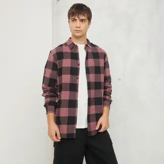 BEARCLIFF - Camisa Hombre de Cuadros Manga larga Recto de Algodón
