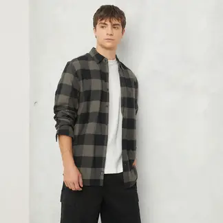 BEARCLIFF - Camisa Hombre de Cuadros Manga larga Recto de Algodón