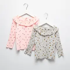 YAMP - Camisetas manga larga para Bebé niña Pack de 2 unidades Acanalada Con cuello