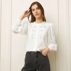BASEMENT - Blusa Mujer con Bordado Manga larga globo de Algodón
