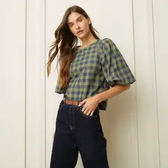 BASEMENT - Blusa Mujer de Cuadros Manga corta globo Polide Algodón