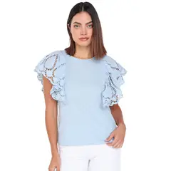 BASEMENT - Blusa Mujer con Ojalillo Manga corta globo de Algodón
