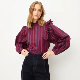 BASEMENT - Blusa Mujer de Rayas Manga larga globo de Algodón