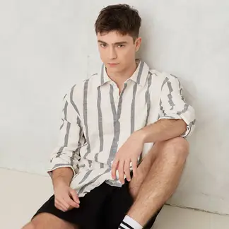 BEARCLIFF - Camisa Hombre de Rayas Manga larga Recto de Algodón