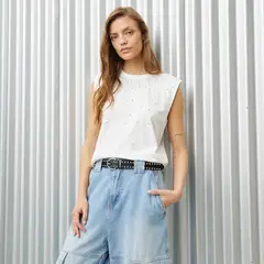 DENIMLAB - Camiseta Mujer con Taches Sin mangas de Algodón