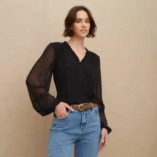 UNIVERSITY CLUB - Blusa Mujer con Bordado Manga larga globo