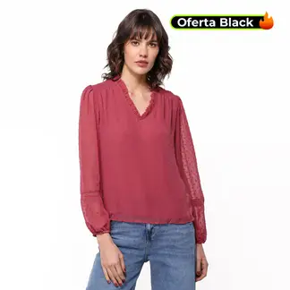 UNIVERSITY CLUB - Blusa Mujer con Bordado Manga larga globo