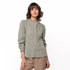 UNIVERSITY CLUB - Blusa Mujer con Bordado Manga larga globo de Algodón