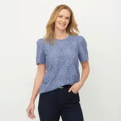 NEWPORT - Camiseta Mujer con Ojalillo Manga corta de Algodón