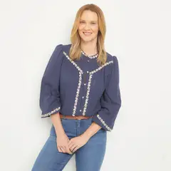 NEWPORT - Blusa Mujer con Bordado Manga larga globo de Algodón