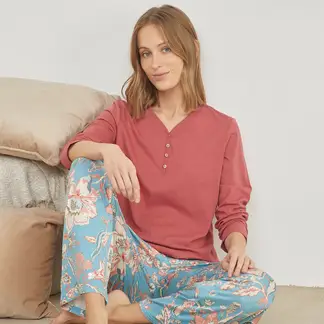 BLU - Camiseta de pijama Mujer Corto Manga larga de Algodón